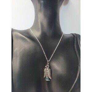 Vintage Southwestern Thunderbird Bird Pendant Necklace Silver Tone Blue Enamel